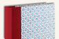 Preview: Photo album, red linen spine, geometrically patterned cover, stylized flowers, blue, red pril flowers